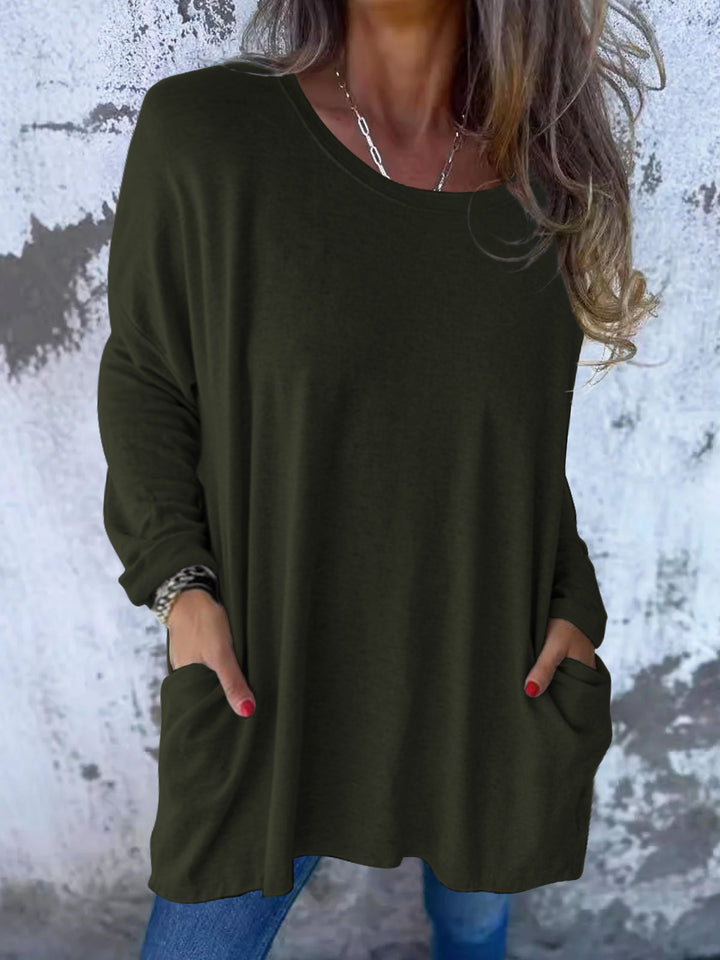Ladies Soft Oversize Long Shirt with Round Neck, Casual Sleeves and Side Pockets Mune Fashion