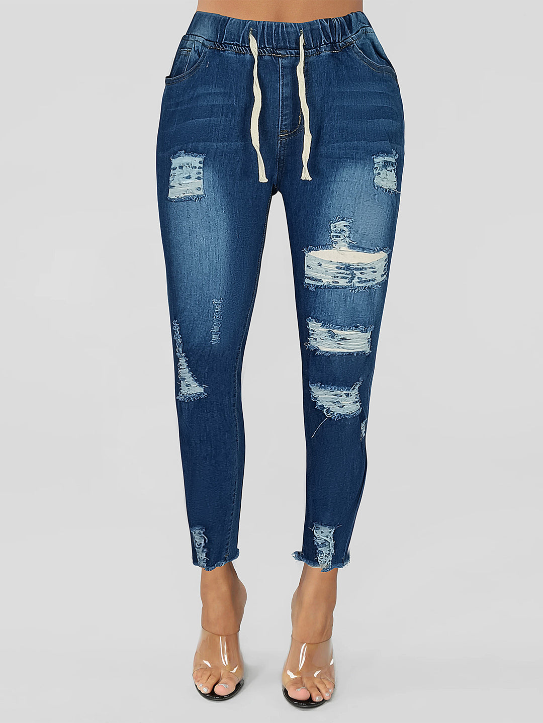Ladies Skinny Jeggings with high elastic drawstring waistband and destroyed details Mune Fashion