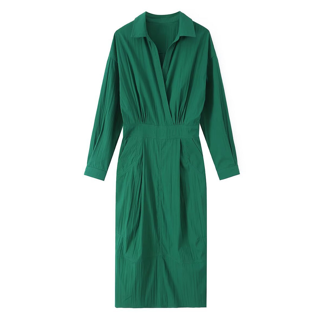 Ladies shirt blouse midi dress with V-neck, elastic waist and patch pockets Mune Fashion