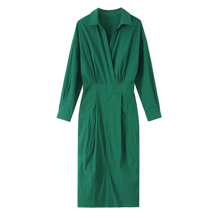 Ladies shirt blouse midi dress with V-neck, elastic waist and patch pockets Mune Fashion