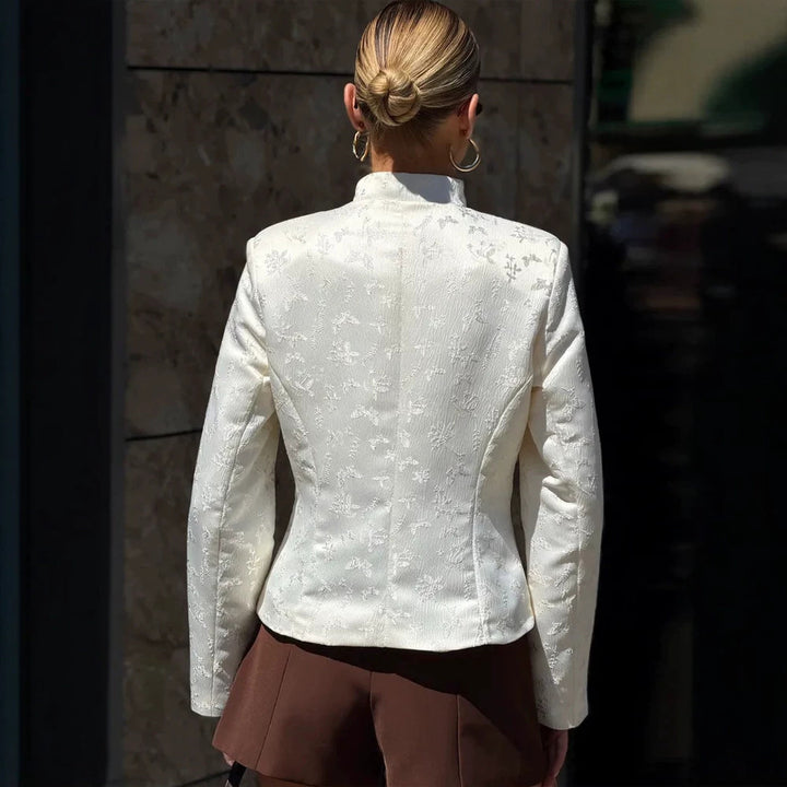 Women's Tailored Jacquard Blazer with Overlapping Lapels and Decorative Buttons Mune Fashion