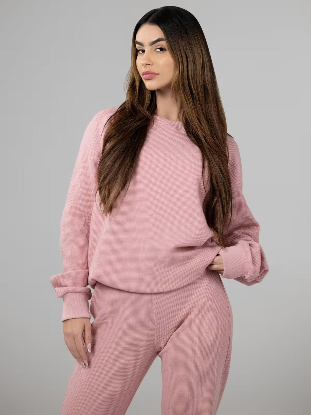 Ladies Waffle Knit Loungewear Set with Oversized Sweater and Drawstring Jogging Pants Mune Fashion