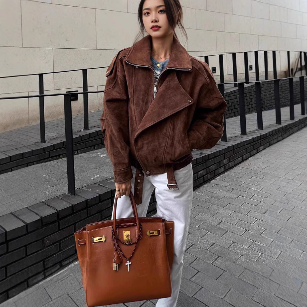 Women Oversized Suede Bomber Jacket with Waist Belt and Shawl Collar Mune Fashion