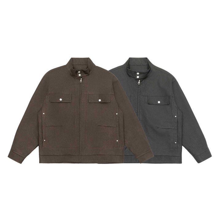 Unisex Boxy-Faux Leather Blouson Jacket with Stand Collar and Flap Pockets Mune Fashion