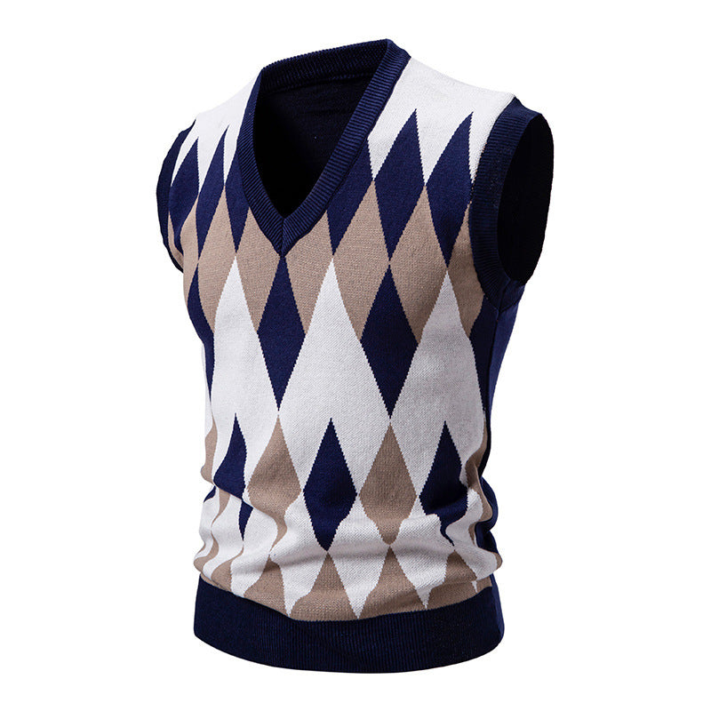 Men's sleeveless argyle knit vest with V-neck and fitted cut Mune Fashion