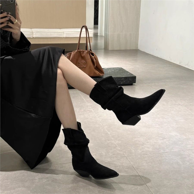Women's Slouch Cowboy Boots with Pointed Toe and Sculpted Kitten Heel Mune Fashion