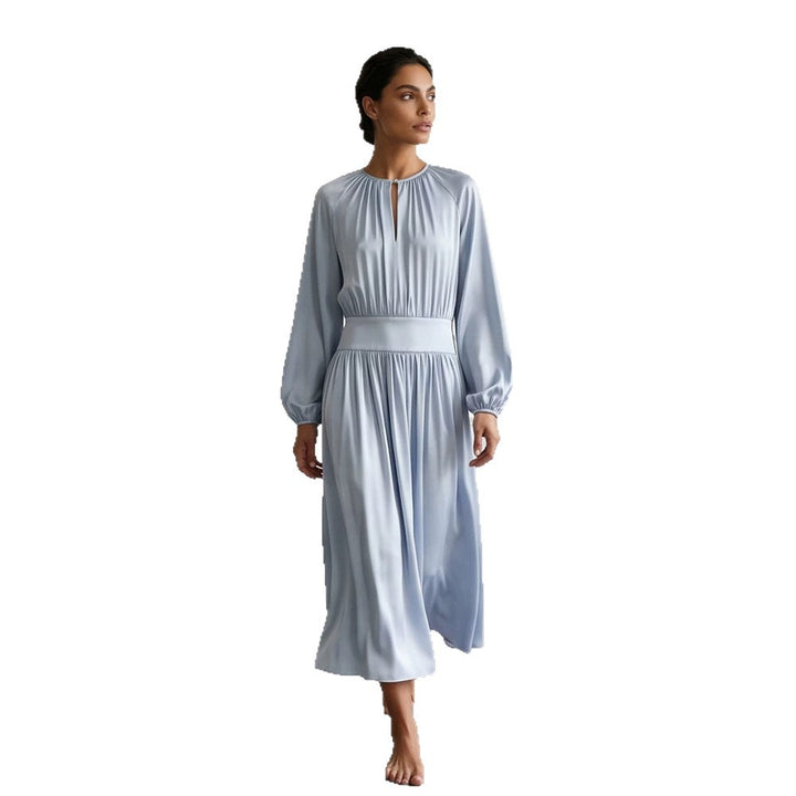 Women's Flowing Midi Dress with Wide Waistband, Gathered Top and Balloon Sleeves Mune Fashion