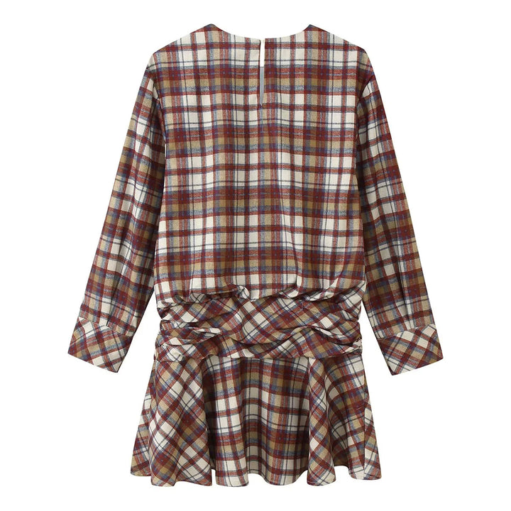 Women's checkered long-sleeve mini dress with twisted waist panel and flared skirt Mune Fashion