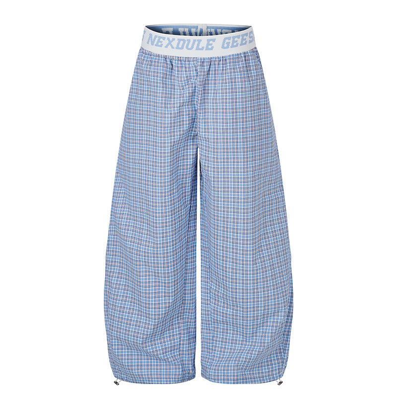 Women's Wide Checkered Lounge Pants with Elastic Logo Waistband and Drawstring Hem Mune Fashion