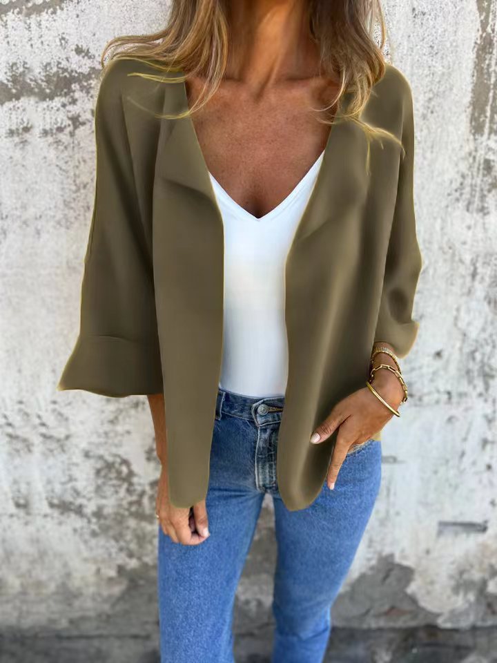 Women's light open knit cardigan with shawl collar, roll-up sleeves and boxy silhouette Mune Fashion