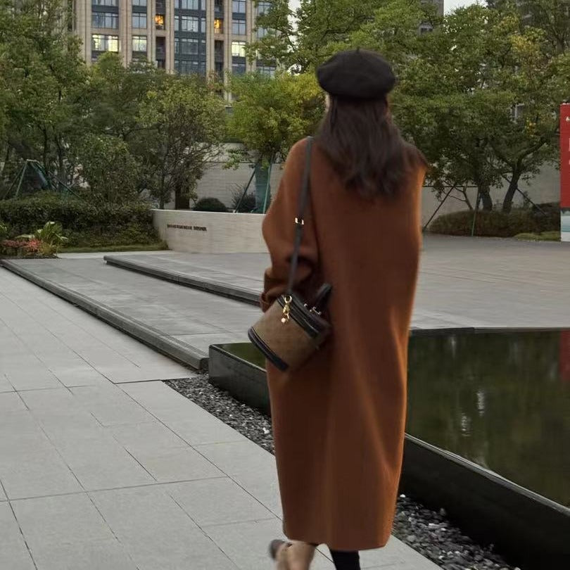 Women's Oversize Wool Blend Coat Knee-Length with Concealed Button Placket and Relaxed Shoulder Line Mune Fashion