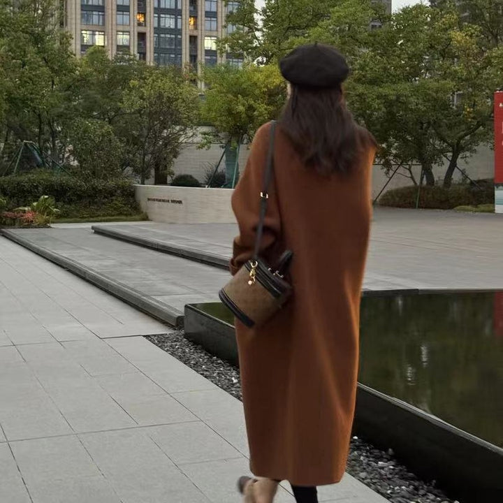 Women's Oversize Wool Blend Coat Knee-Length with Concealed Button Placket and Relaxed Shoulder Line Mune Fashion