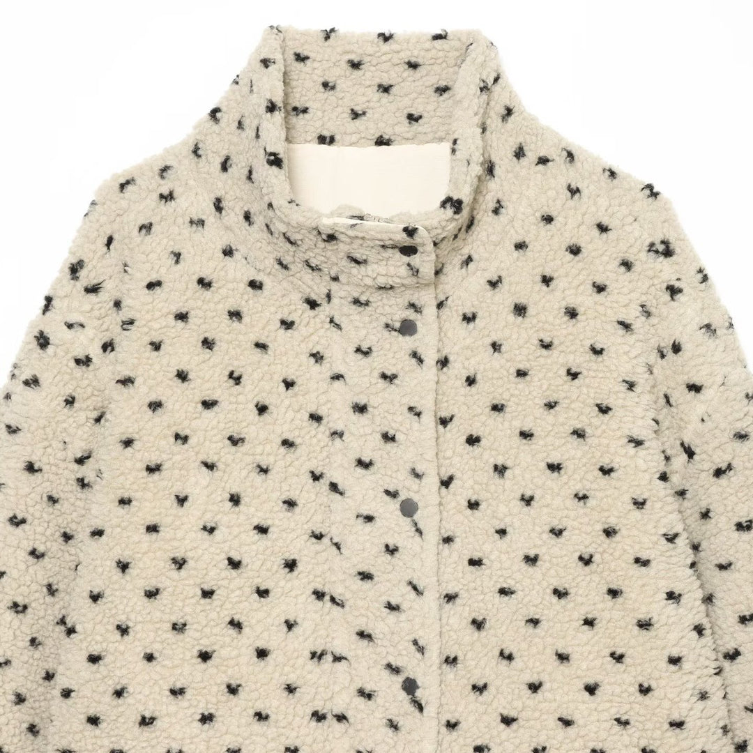Women Short Teddy Jacket with Stand Collar and Polka Dot Pattern Mune Fashion