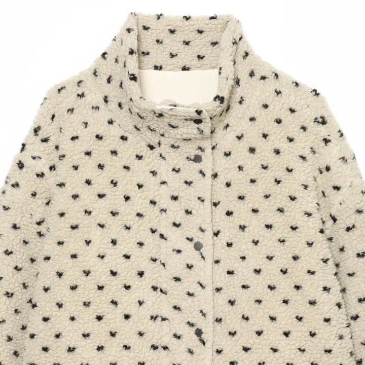 Women Short Teddy Jacket with Stand Collar and Polka Dot Pattern Mune Fashion
