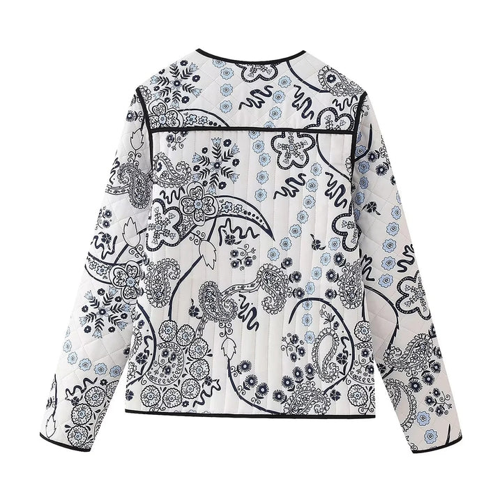 Women's Quilted Paisley Print Quilted Jacket with Contrast Piping and Round Neckline Mune Fashion
