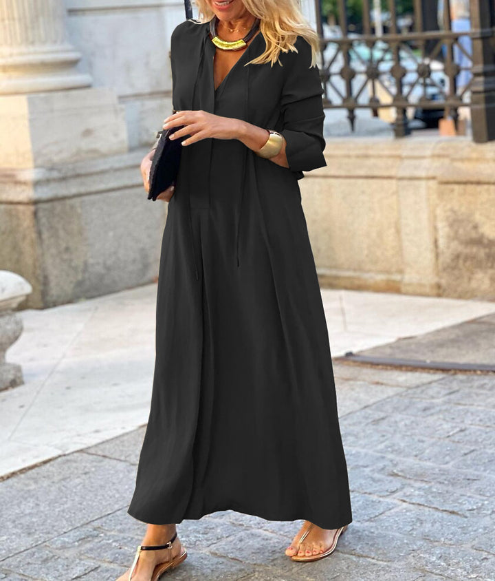 Ladies Maxi Dress with V-Neck, Long Sleeve, Loose A-Line Silhouette and Drawstring Mune Fashion