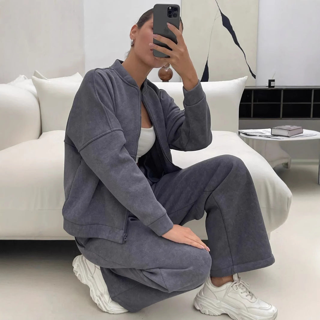 Women's Casual Zip Lounge Set with Stand Collar and Wide High Waist Jog Pants Mune Fashion