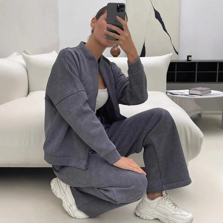Women's Casual Zip Lounge Set with Stand Collar and Wide High Waist Jog Pants Mune Fashion