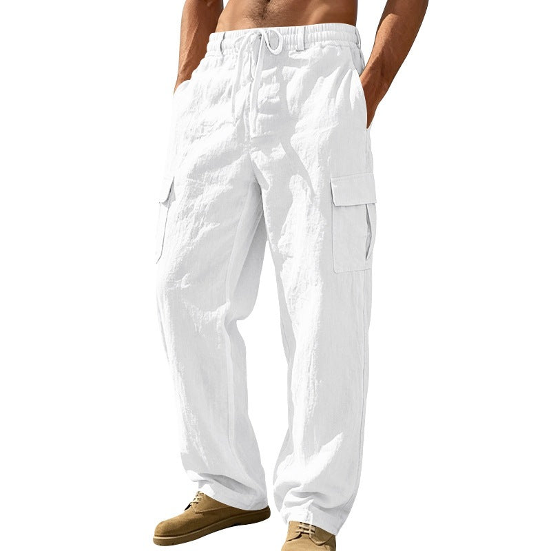 Men's relaxed-fit beach cargo pants made of linen blend with elastic drawstring and double flap pocket Mune Fashion