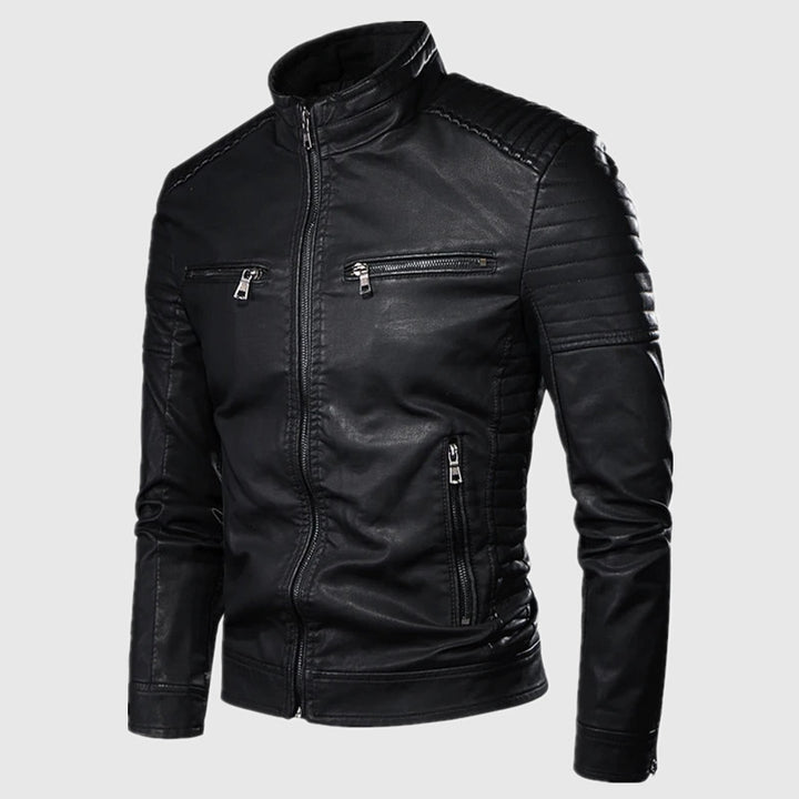 Men's Slim-Fit Biker Leather Jacket with Stand Collar and Quilted Shoulder Area Mune Fashion