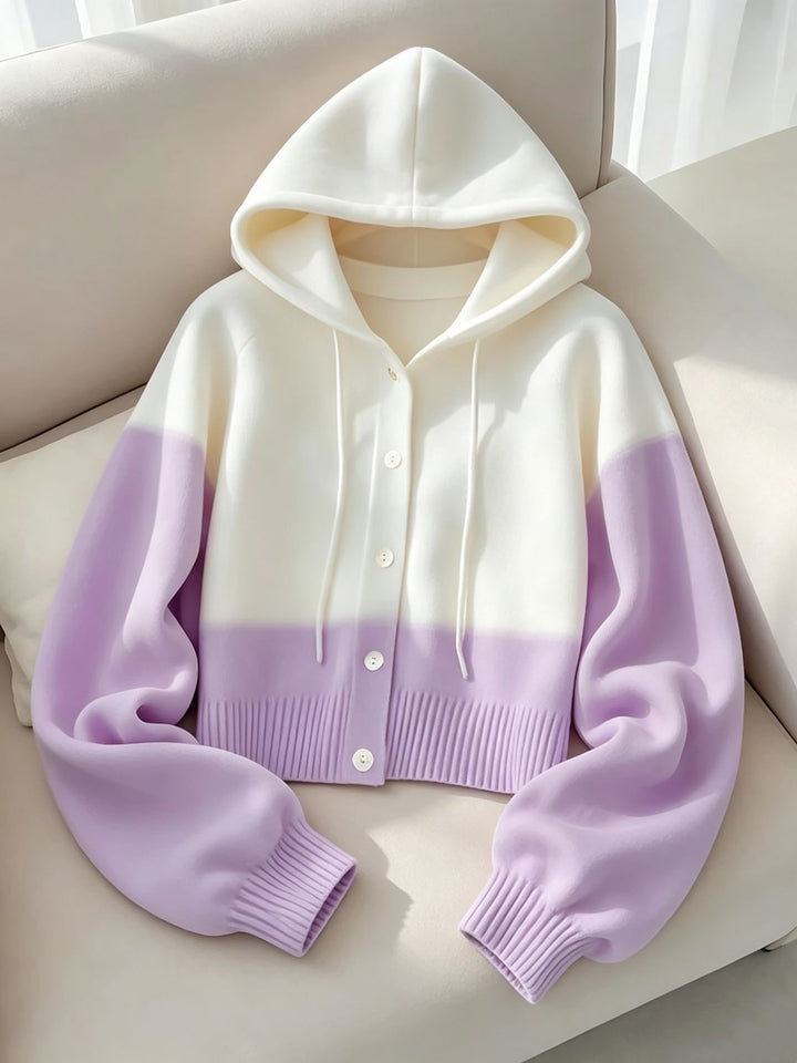 Women's Hooded Knitted Cardigan with Button Placket, Ribbed Cuff, and Oversized Sleeves Mune Fashion