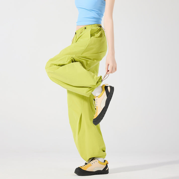 Women's Wide Nylon Baggy Pants with Elastic Drawstring Waistband & Utility Pockets Mune Fashion