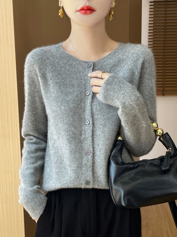 Ladies Cozy Short Cardigan made of Mohair Mix with fine virgin wool texture and mother-of-pearl button placket Mune Fashion