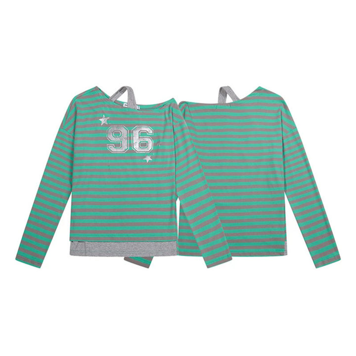 Women's Striped Long Sleeve Shirt with Asymmetrical Neckline, Layered Look and Metallic Print