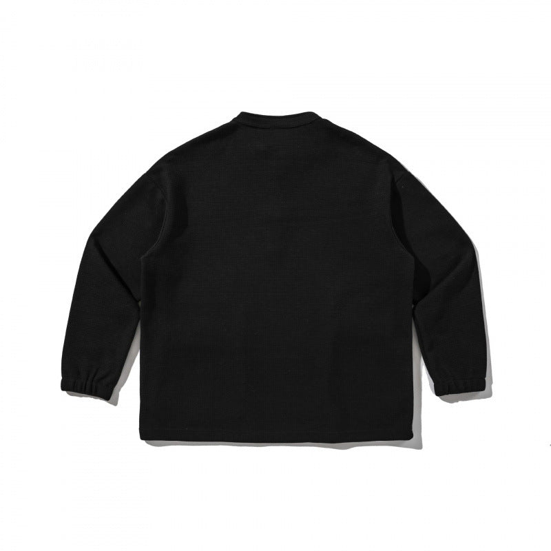 Unisex Oversize Waffle Knit Henley Sweatshirt with Stand-Up Collar, Snap Placket and Utility Pockets Mune Fashion