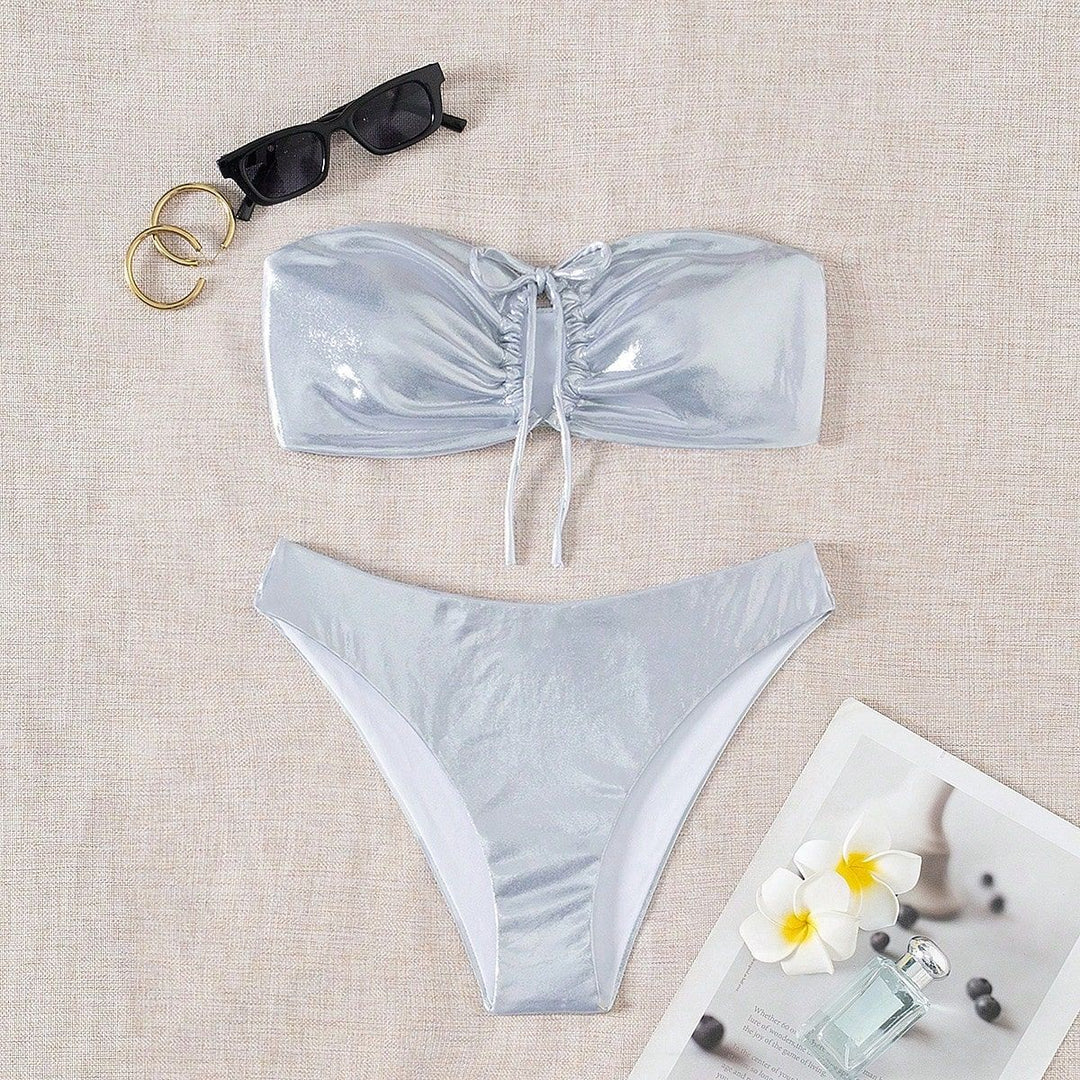 Women's bandeau bikini with shiny top and high leg cut Mune Fashion