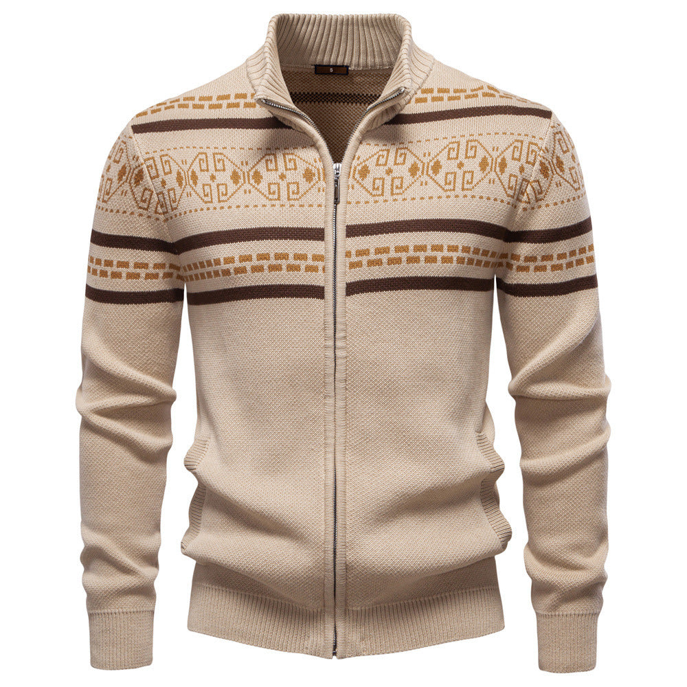 Men's knitted jacket with full zipper, stand-up collar and Nordic geometric intarsia pattern Mune Fashion