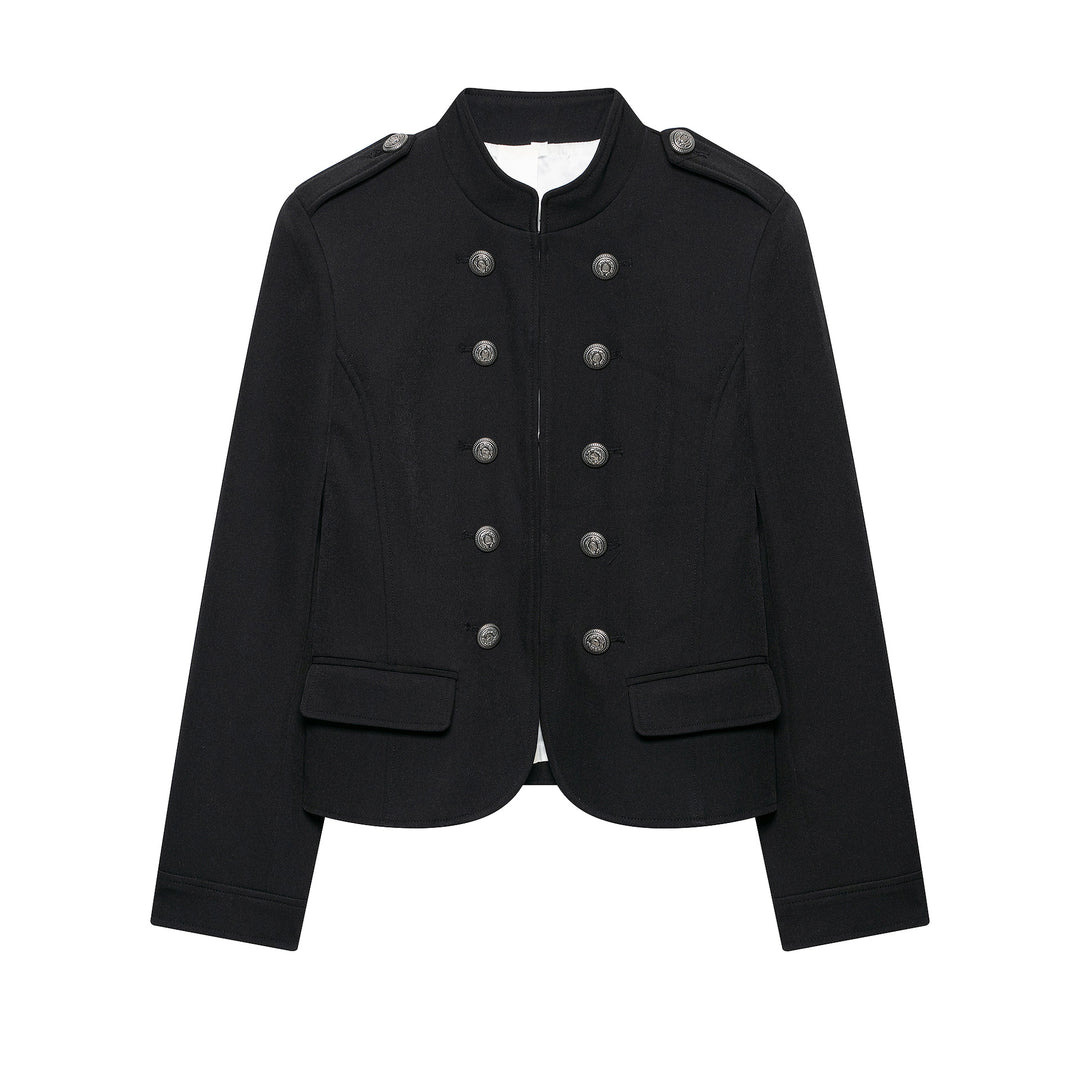 Women short blazer with stand-up collar, back decorative flap and tailored fit Mune Fashion