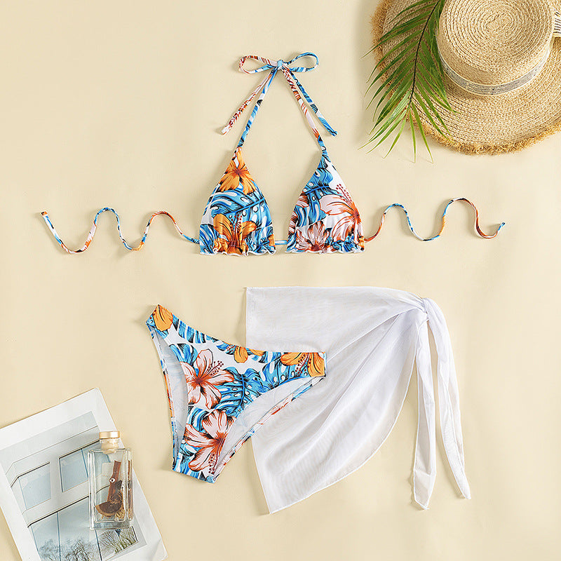 Women's Triangle Bikini Set with Floral Pattern and Casual Scarf Mune Fashion