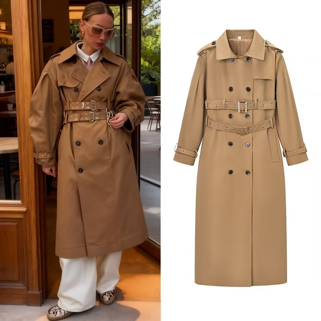 Women Longer tailored trench coat with double waist belt and epaulettes Mune Fashion