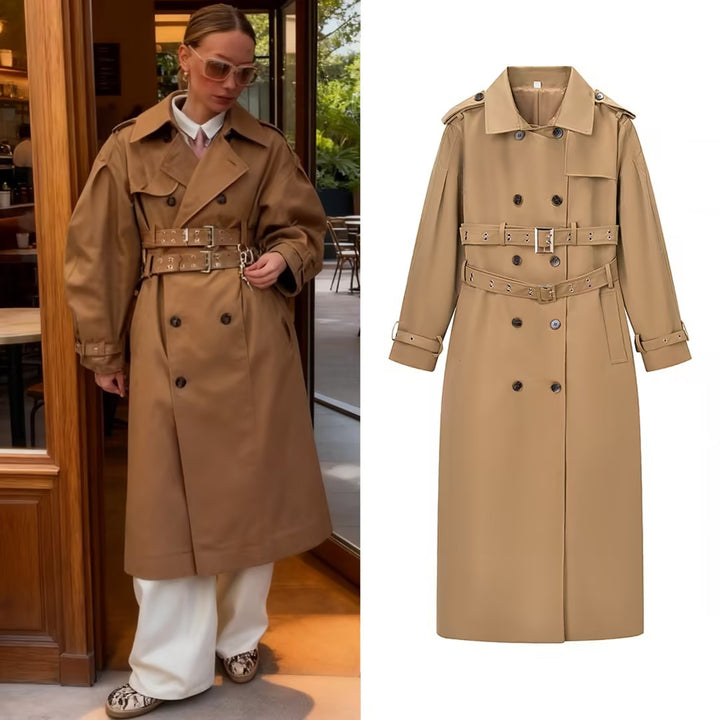 Women Longer tailored trench coat with double waist belt and epaulettes Mune Fashion