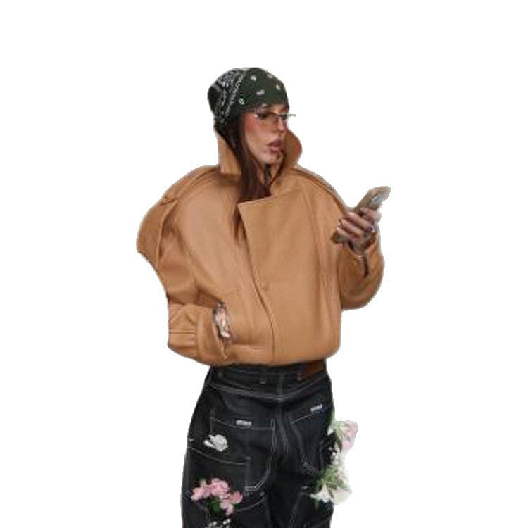 Ladies Cropped Oversized Jacket made of textured synthetic leather with a high stand-up collar Mune Fashion