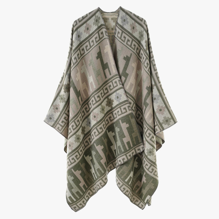 Women's jacquard knit poncho with ethnic animal motifs and open kimono cut Mune Fashion