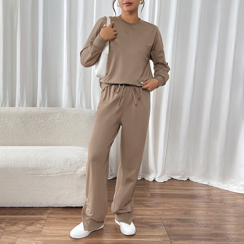 Women Casual Sweat Set with Oversized Crew Neck and High Waist Pants with Button Cuff Mune Fashion