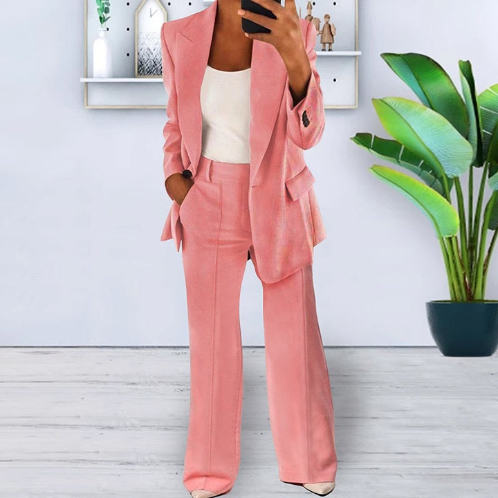 Women’s office-appropriate pantsuit set with wide trousers and tailored blazer Mune Fashion