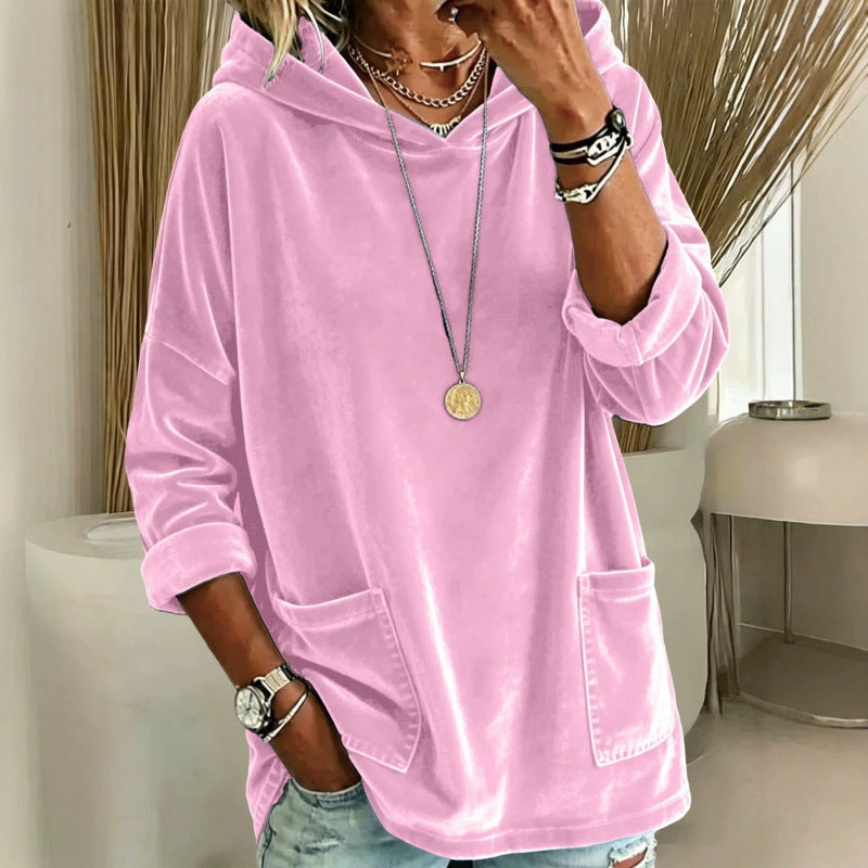Women Velvet Hoodie with Hood, Oversized Cut and Applied Pockets Mune Fashion