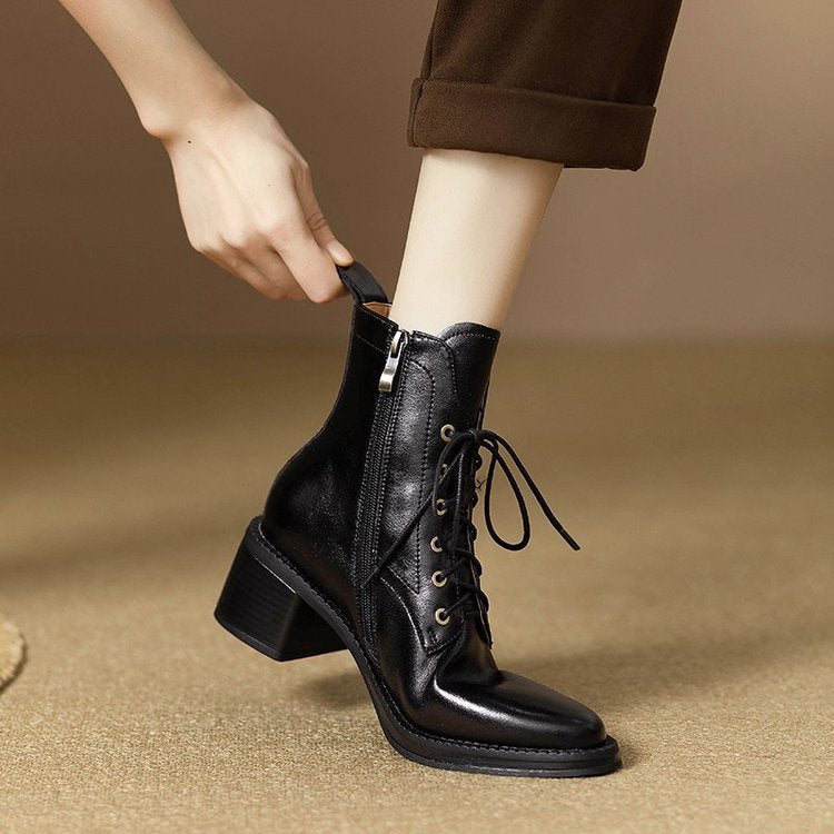 Women Elegant Lace-Up Ankle Boots with Block Heel Mune Fashion