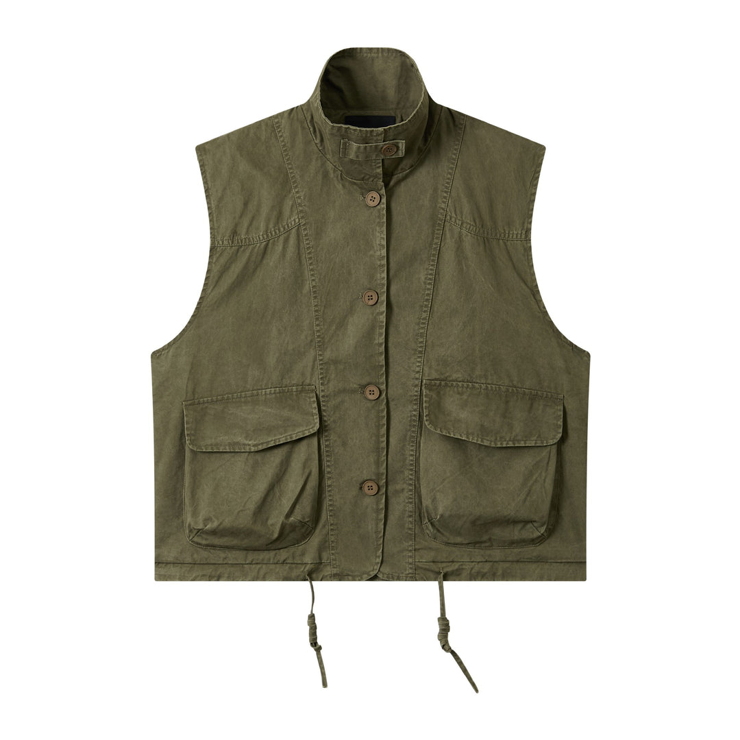 Women's utility vest with stand-up collar, large flap pockets, and drawstring Mune Fashion