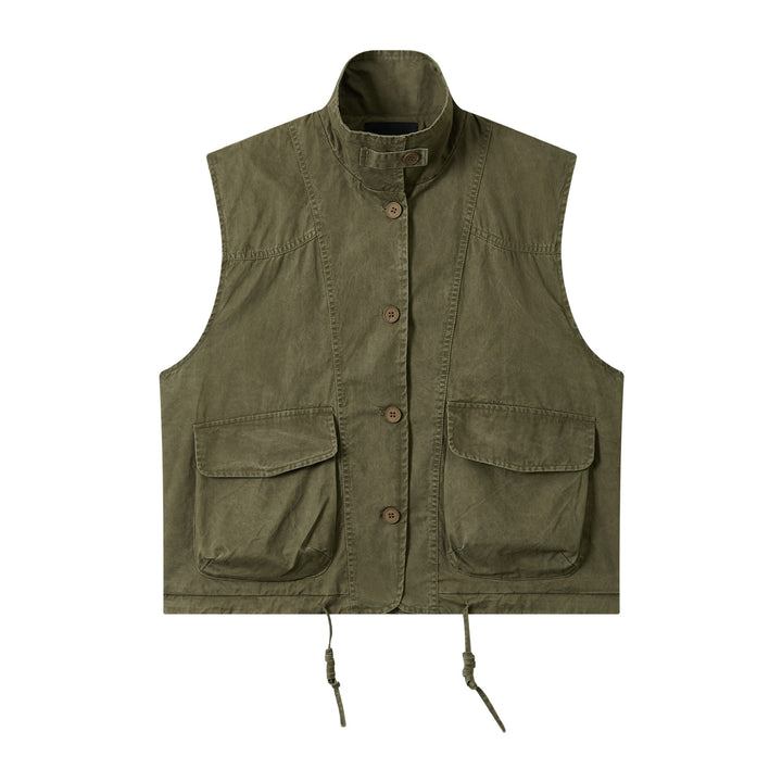 Women's utility vest with stand-up collar, large flap pockets, and drawstring Mune Fashion
