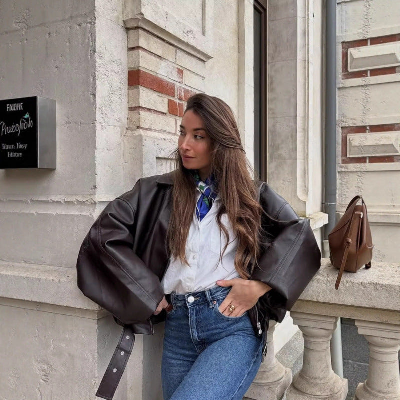 Unisex Oversize Faux Leather Jacket with Zip Shirt Collar and Waist Belt Mune Fashion