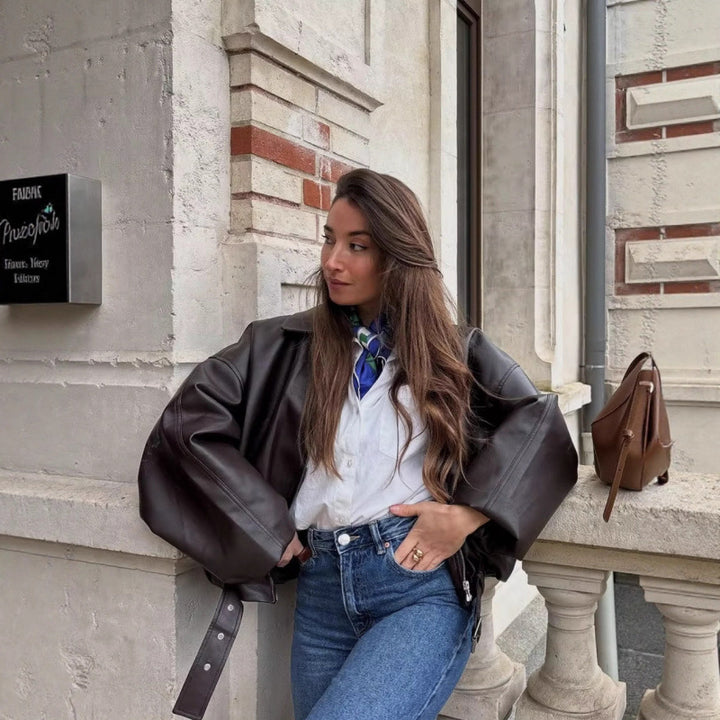 Unisex Oversize Faux Leather Jacket with Zip Shirt Collar and Waist Belt Mune Fashion