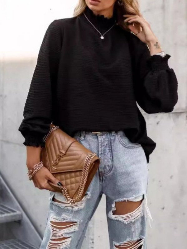 Women Loose Structured Long Sleeve Top with Ruffle Collar and Smocked Cuffs Drune