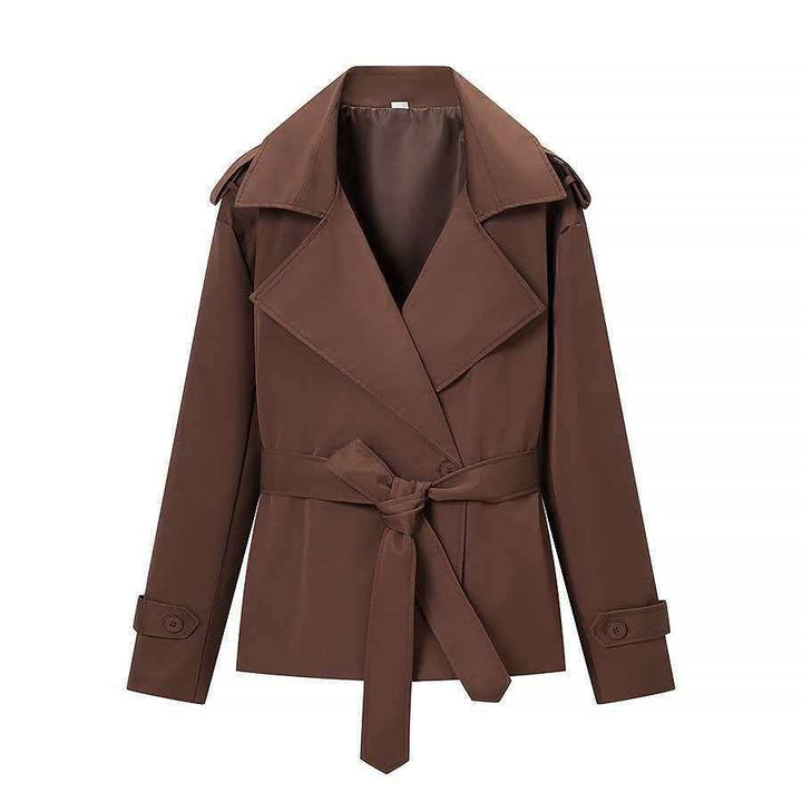 Women Tailored Short Trench Coat with Tie Belt and Epaulettes Mune Fashion
