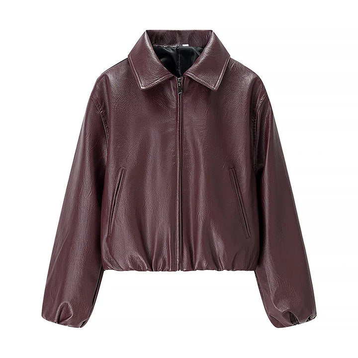 Women nan cropped shiny faux leather bomber jacket with shirt collar and elastic hem Mune Fashion