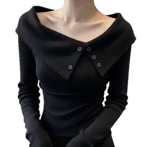 Ladies Elegant Sweater with Wide Collar and Button Details Mune Fashion