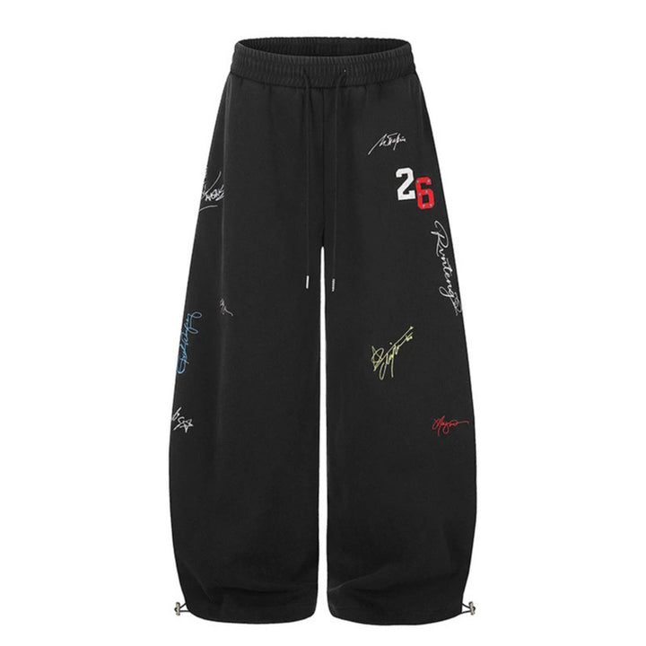 Women's Extra Wide Palazzo Sweatpants with Drawstring Waist, Embroidery Details, and Adjustable Hem